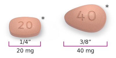 Image of NOURIANZ® (istradefylline) dose strengths with ¼" 20 mg pill and ⅜" 40 mg pill