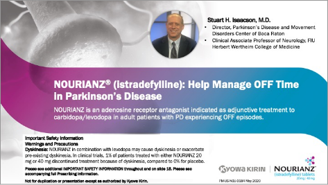 Thumbnail of video presentation where Stuart H. Isaacson, MD, discusses how prevalence of “off” episodes may increase over time in PD, the importance of considering adenosine, and safety thoughts for NOURIANZ® (istradefylline).